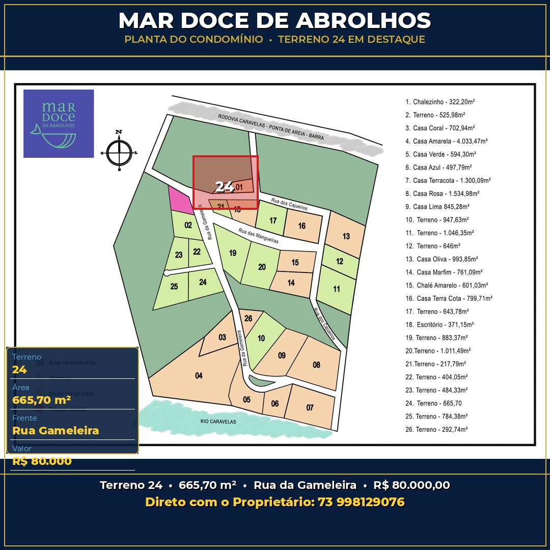 Planta do Condomínio Mar Doce de Abrolhos com Terreno 24 em destaque